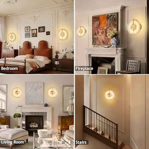 White Alabaster Wall Sconce Brass Natural Marble Wall Sconce Vintage Gold Round Store Modern LED Wall Light Fixture Mid Century Wall Mounted Lamp for Bedroom Hallway Living Room Bathroom