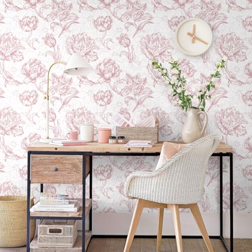 Timeet 17.7In ¡¿197In Pink Peel and Stick Wallpaper, Floral Peel and Stick Wallpaper Boho Contact Paper Removable Self Adhesive Bedroom Cabinet Mural Wall Decor Vinyl Roll