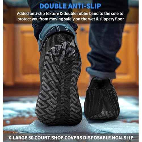 200 Pcs Disposable Shoe Covers Non-Slip X-Large, Fits Men US 9-13 / Women US 10-12, Slip-Resistant Booties, Waterproof, Elastic Band, Non-Slip Silicone Sole, Reusable, Protects Floors-Black