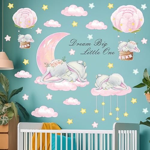 Removable 3D Cartoon Elephant Sleeping on the Moon and Cloud Wall Decor Sweet Dream Princess Little Girls Bedroom Wall Decal Hot Air Ballon Stars Wall Sticker for Baby Children Rooms Playroom Nursery