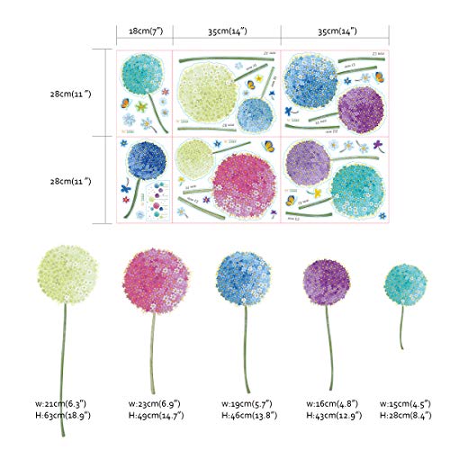 Runtoo Flower Wall Decals Colorful Dandelion Allium Wall Stickers Baseboard Butterfly Living Room Bedroom Wall Decor