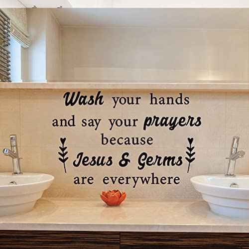 Inspirational Religious Quotes Vinyl Wall Decal, Wash Your Hands and Say Your Prayers Wall Sticker Art Bible Lettering Saying Mural Decor Wallpaper for Bathroom Bedroom Living Room Church