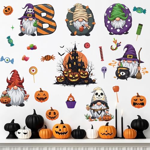 Halloween Gnome Window Clings,Cute Gnome Window Sticker,Pumpkin Bat Wall Decals,Haunted House Spooky Wall Sticker,Halloween Candy Witch Boo Ghost Decals,Pumpkin Cling for Glass Home Party Room