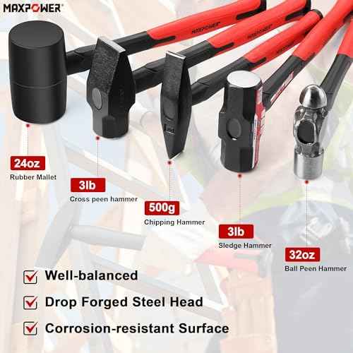 MAXPOWER 5-Piece Hammer Set - 3LB Sledge & Cross Peen, 500g Chipping, 32oz Ball Peen & 24oz Rubber Mallet