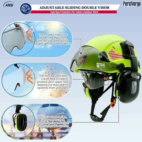 Construction Hard Hat with Visor and Hearing Protection-Green Safety Hardhat OSHA Approved with Face Shield and Visor and Ear Protection,Chainsaw/Forestry/Arborist Helmet with Chin Straps