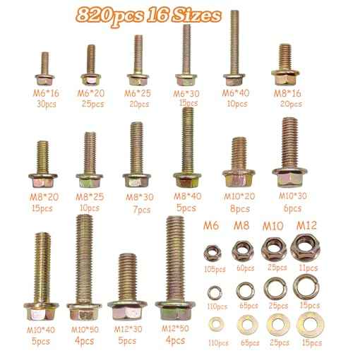820pcs Metric Flange Bolt Assortment, Bolts and Nuts Kit, M6x1.0, M8x1.25, M10x1.5, M12x1.75(16mm to 50mm) Bolts and Nuts Assortment, Flange Hex Bolts and Nuts Washers Kit, Yellow Zinc, 16 Sizes