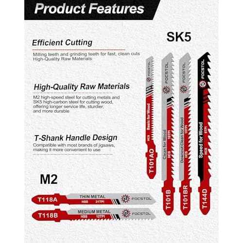 50PCS T-Shank Jigsaw Blades Set - FOCSTOL HSS/HCS Jig Saw Blades for Cutting Metal, Wood and Plastic (T118A,T118B,T101AO,T101B,T101BR,T144D)