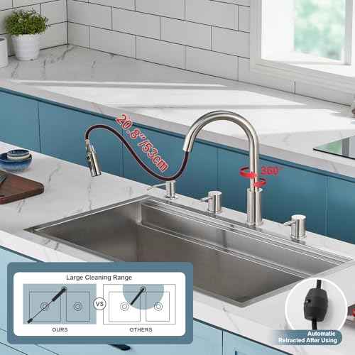 Tohlar Kitchen Faucets, Brushed Nickel Kitchen Faucet Pull Down Sprayer Stainless Steel Sink Faucets with Soap Dispenser Commercial Modern Rv Faucets, Llaves para fregaderos de cocina