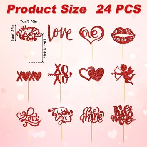 24pcs Valentine's Day Cupcake Toppers, Love Heart Rose Happy Valentines Day Cupcake Topper Red Glitter Valentine's Day Picks Party Cake Decorations for Wedding Valentine's Day (Red)
