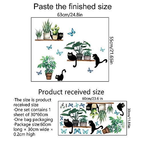 Green Potted Plant Cute Black Kitten Wall Stickers, sacinora Cat Cartoon Animal DIY Wall Decals Removable Vinyl Peel and Stick for Living Room Children's Room Bedroom Kitchen Decorations