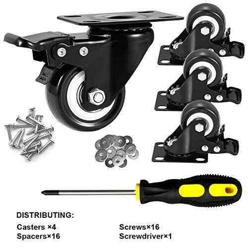 2" Caster Wheels Set of 16, Heavy Duty Casters with Brake, No Noise Locking Casters with Polyurethane (PU) Wheels, Swivel Plate Castors Pack of 16