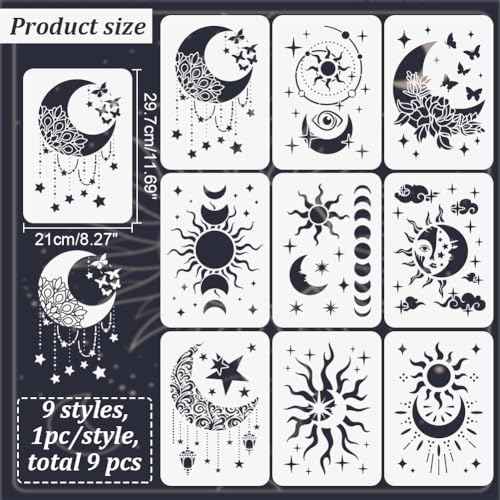 INFUNLY 9PCS/Set Sun Moon Wall Stencils for Painting 12x8 Mandala Tile Stencil Large Flower Star Concrete Floor Stencils Reusable Drawing Template for Painting Wood Canvas Furniture Patio Home Decor
