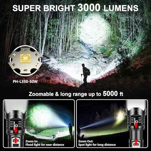 Esgreen Super Bright Rechargeable Flashlights High Brightness 3000 Lumens, Powerful Long Range LED Strong Big Flash Lights, Long Lasting USB C, LCD Digital Display, 5 Modes, Double Switches