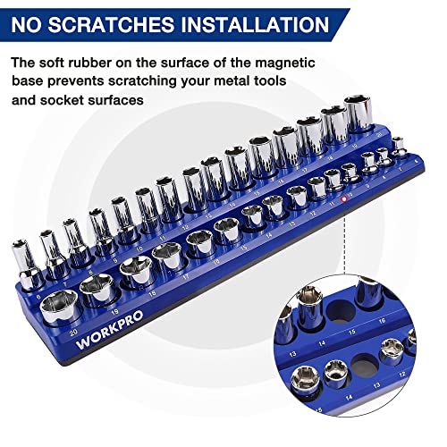 WORKPRO Magnetic Socket Organizer Set, 4-Piece Socket Holder Set Includes 1/4", 3/8" Drive Metric & SAE Socket Trays, Holds 108 Pieces Standard and Deep Size Sockets (Sockets not Included)