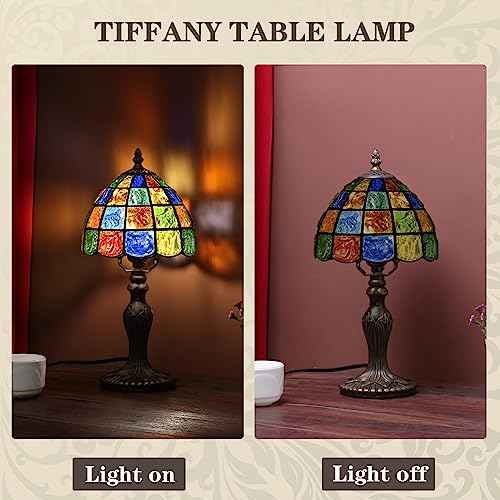 Small Tiffany Lamp Stained Glass Table Lamp Crystal Square Style,8 Inches Wide Lamp Shade Tiffany Style Night Light,15.7 Inches Tall Vintage TLamp for Bedroom Bedside