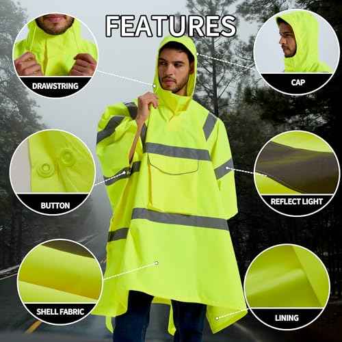 SRsafety Hi Vis Rain Poncho,High Visibility Rain Ponchos for Adults with Pocket,Safety Rain Jacket Stowable Conjoined Cap