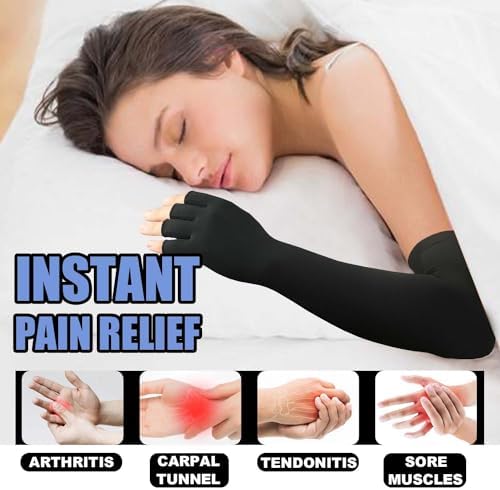 Long Copper Arthritis Gloves for Carpal Tunnel, Compression Gloves for Hand Pain Relief, Wrist Arm Support, Fingerless Typing Gloves for Rheumatoid, Tendonitis, Fits Women Men, 1 Pair, Small