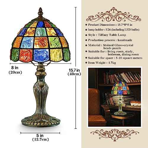Small Tiffany Lamp Stained Glass Table Lamp Crystal Square Style,8 Inches Wide Lamp Shade Tiffany Style Night Light,15.7 Inches Tall Vintage TLamp for Bedroom Bedside