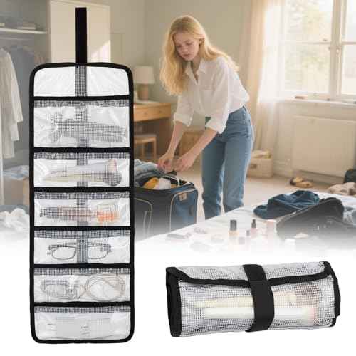 Small Roll Up Storage Bag, 6 Pockets Roll Up Tool Kit, Suitable for Mechanics, Kitchen Storage, Art Sketching, Travelling, Potter's Tools, Office Objects, Transparent and Visible, Space-saving 4 Pack