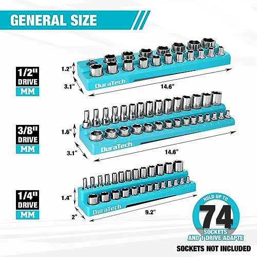 DURATECH Magnetic Socket Organizer Set, 1/4", 3/8", 1/2" Drive Metric Socket Holders Socket Trays for Tool Box and Tool Cart, Hold 74 Pieces Standard Size Deep Size Sockets (Sockets Not Included)