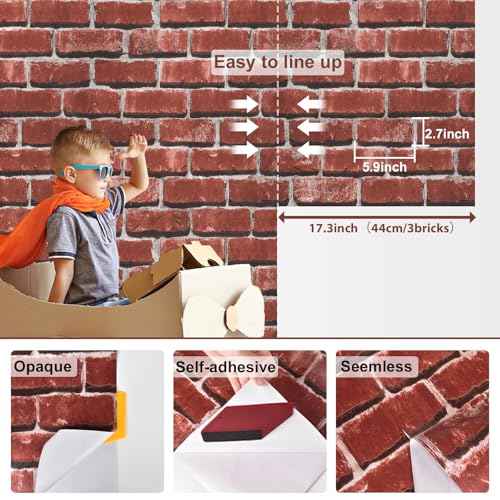 Red Brick Wallpaper Peel and Stick Contact Paper for Wall Faux 3D Brick Self Adhesive Contact Paper Rustic Removable Wallpaper for Fireplace Kitchen Bedroom Bathroom Waterproof 17.3inW 78.7inL