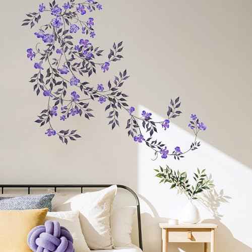 Supzone Purple Vine Flowers Wall Decal Hanging Vine Branch Floral Wall Stickers Self-Adhesive Wall Art Decor for Living Room Bedroom, Office, Sofa, TV Backdrop Home Decor
