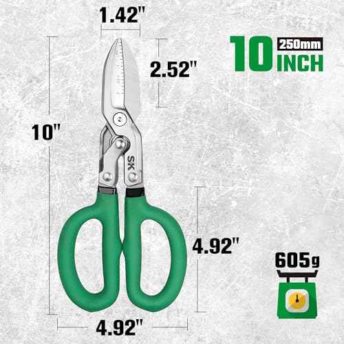 SK 10" Compound Action Tin Snips, Metal Shears with Forged Blade, Heavy Duty Metal Cutter Scissors, Ergonomic Handle for Comfortable Grip