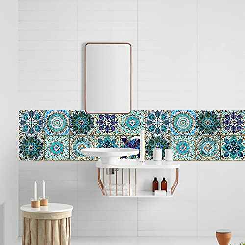 Kakofaci Mandala Style 12 Pcs (6x6 in) Decorative Tile Stickers, Peel and Stick Self Adhesive Removable Moroccan Talavera Tiles Backsplash Waterproof Kitchen Bathroom Furniture Staircase Home Decor