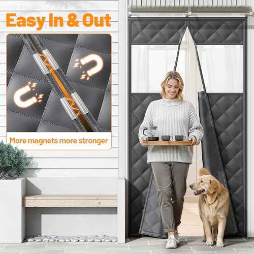 Magnetic Insulated Door Curtain Fits 48"x80" Doors - Thermal Door Cover for Winter with Clear Window, Window Insulation Kit & Doors Draft Stopper to Keep Cold Air Out for Front Doorway Home - Black
