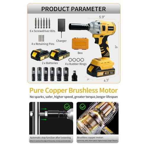 Cordless Impact Wrench 258Ft-lb (350N.m), Electric Driver for Car Tires and Home,1/2" Impact Gun with 2 Batteries and 6 Sockets, Yellow