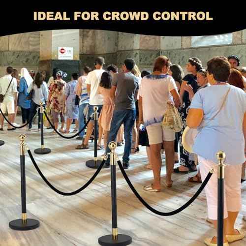 6 Pack Velvet Rope, 5 Feet Black Velvet Stanchion Rope with Gold Polished Hooks, Crowd Control Queue Line Barrier Rope Hanging Ropes for Hotels, Movie Theaters, Grand Openings, Carpet Event