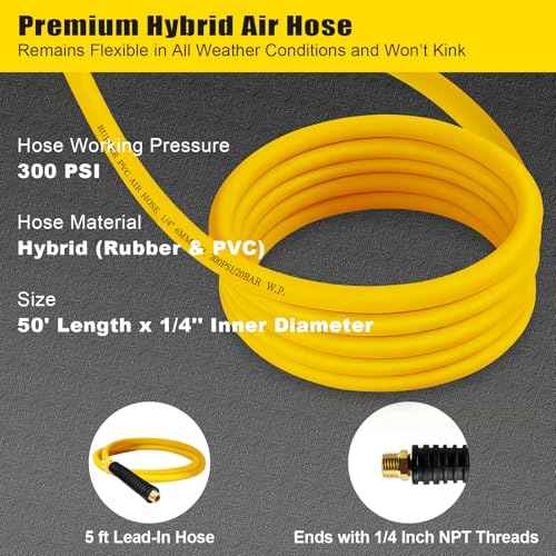 Vkndoynt Retractable Air Hose Reel, 1/4 IN x 50 FT Hybrid Polymer Hose, Auto Rewind, Wall Mount, Dark Gray/Yellow