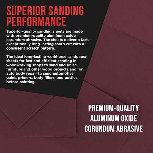 Premium 1/4 Sheet Size Red Sanding Sheets, 50 Sheet Variety Pack, Grits 40, 80, 100, 120, 180, 220, 320, 400, 600, 800 - Hook & Loop Backing Sandpaper - Palm Sanders, Sanding Blocks