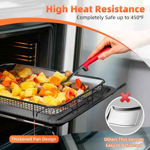 Air Fryer Basket, 2 Set Oven Air Fryer Basket and Tray with 60 PCS Parchment Papers, DEGOVIN Crisper Tray Non-stick Stainless Steel Air Fry Pans for Convection Oven(15.8" ¡¿ 11" & 13" ¡¿ 9.7"-Black)
