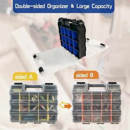 Tool Box Storage Organizer, TONGQI 34-Compartment Double Side Small Parts Box with Removable Plastic Dividers for Hardware, Screws, Bolts, Nails, Jewelry and Fishing Accessories, 2 Pack