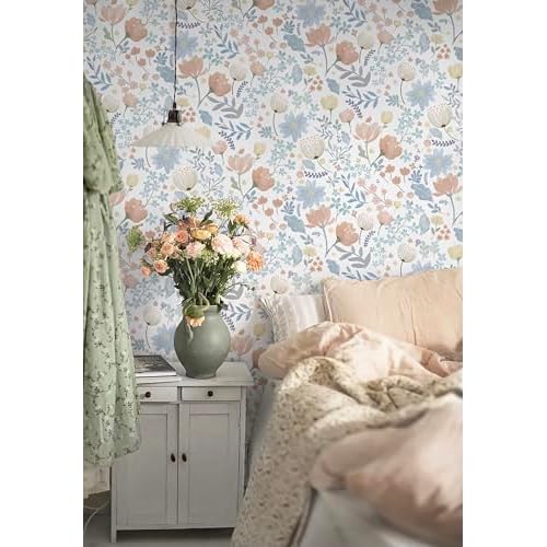 Yasinet Floral Wallpaper Removable Contact Paper Peel and Stick Wall Paper Boho Modern Pink and Blue Flower Wallpaper for Bedroom Bathroom Cabinets Self Adhesive Vinyl 17.3"x78.7"