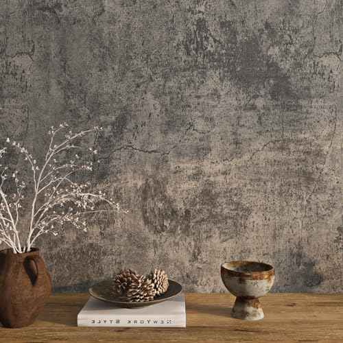 Livelynine Moody Concrete Wallpaper Peel and Stick Industrial Modern Brown Black Limewash Wallpaper Waterproof Dark Aged Cement Wall Mural Removable Cracked Concrete Contact Paper Vinyl 15.8x78.8