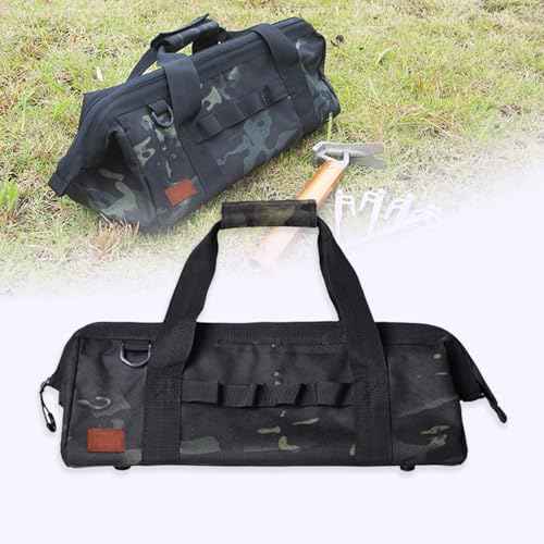 Brrnoo Large Capacity Camping Tool Bag with Wide Mouth Storage and Zipper, 1050D Oxford Cloth Waterproof Oxford Cloth Duty Tool Bag, Sturdy Bottom Tool Organizer for Outdoor Gear (Black)