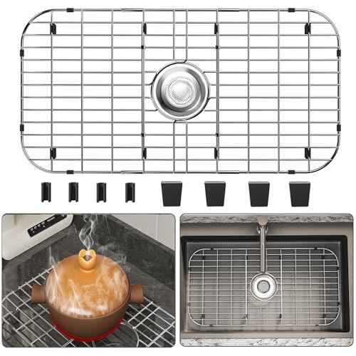 28" x 15" Sink Protectors for Kitchen Sink, Stainless Steel Sink Protector for Round Corner Sink with Center Drain Sink Rack for Bottom of Sink with Sink Strainers(Separable,28" x 15", Center Drain)