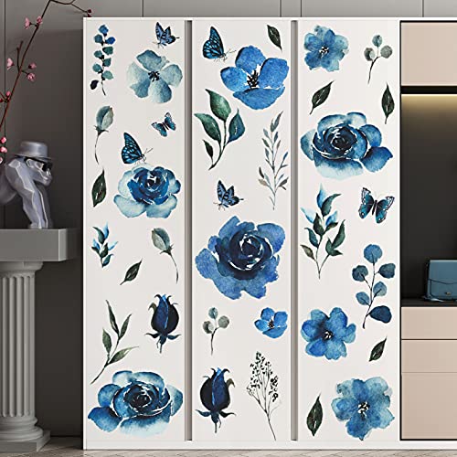 4 Sheets Watercolor Blue Roses Wall Decals Art Flowers Wall Stickers Removable Hay Leaf Flower Bud DIY Vinyl Peel and Stick Mural for Girls Bedroom Living Room Sofa Backdrop TV Wall Home