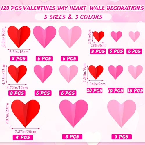 NOVWANG 120 PCS Valentines Day Wall Decorations, 3D Heart Red Rose Pink Valentine Wall Stickers Wall Decals, for Wedding Anniversary Party Bedroom Home Office Nursery Elementary Classroom Decor