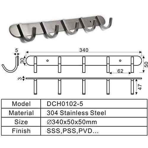Coat Hook Rack with 5 Square Hooks - Premium Modern Wall Mounted - Ultra durable with solid steel construction, Brushed stainless steel finish, Super easy installation, Rust and water proof