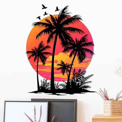 Tropical Sunset with Palm Trees and Birds Wall Stickers for Living Room Silhouette Plant Wall Decals Removable Peel and Stick Wall Art Home Decor Decoration for Bedroom Bathroom Library
