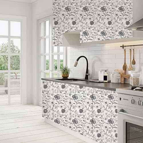 Hand Drawn Floral Contact Paper White and Black Peel and Stick Wallpaper 17.3"x120" Sketch Flower Waterproof Self Adhesive Removable Wall Paper for Countertop Furniture Bedroom