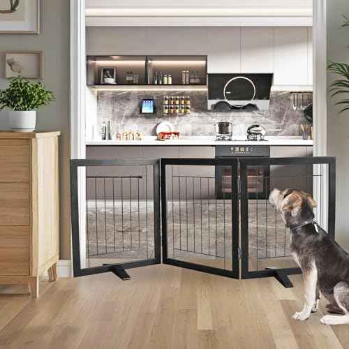 ZJSF Freestanding Dog Gate Indoor, Foldable Dog Fence for Doorways,Hallways or Stairs, Sturdy Wood Extra Wide Pet Gate with Support Feet,Black,24 "Height-3 Panels