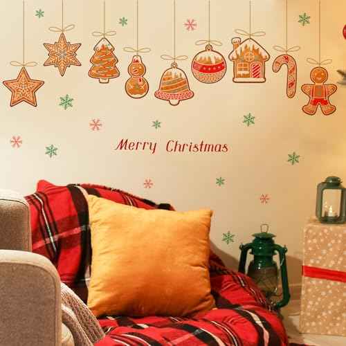 Christmas Gingerbread Wall Decals Removable Vinyl Xmas Wall Stickers Christmas Candy Snowflake Peel and Stick Wallpaper for Winter Holiday Living Room Bedroom Home Office Decor