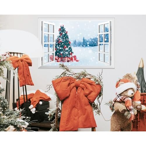 FLFK Fake Window Wall Decal - Christmas Tree Faux Window Wall Mural for Wall Decor, Peel and Stick Wall Sticker,24"x16"