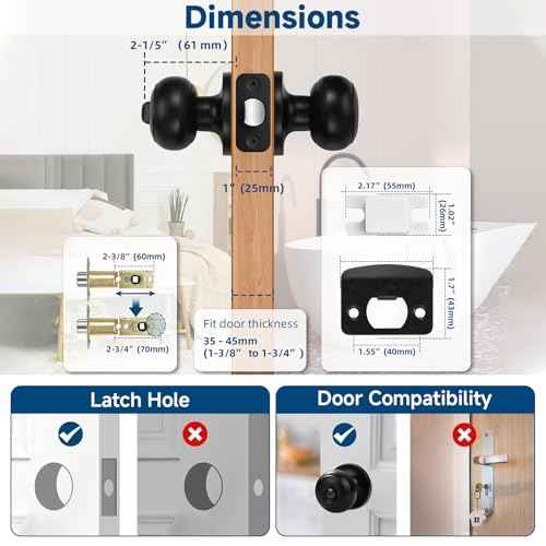 Estmoon 10 Pack Privacy Door Knobs for Bedroom Bathroom, Matte Black Door Handle with Lock Round Ball Interior Knobs for Bedroom/Bathroom, Heavy Duty Handle for Left Right Sided Doors