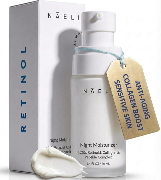 Retinoid Cream - 4.25% Retinol Night Moisturizer for Face & Neck with Collagen, Peptides & Hyaluronic Acid - Anti Aging Wrinkle Cream, Improves Skin Tone & Texture, 1.4 oz