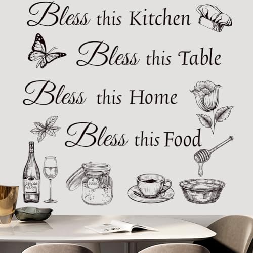Kitchen Wall Stickers Dining Room Decals Decor Bless This Kitchen Wall Decal Thankful Grateful Blessed Quote Utensil Art Decorations for Home Coffee Shop Wall Decor